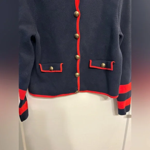 Boden Holly Cropped Knitted Jacket in Navy with Red Trim 100% Cotton - Picture 4 of 11